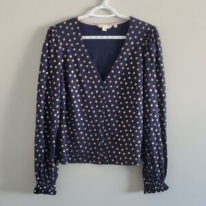 Boden Navy and Gold Button-Up Floral Pattern Cotton Blouse Sz 8
